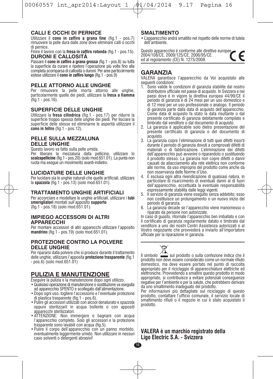 Pulizia e manutenzione, Garanzia | VALERA ManiSwiss Professional User Manual | Page 14 / 82