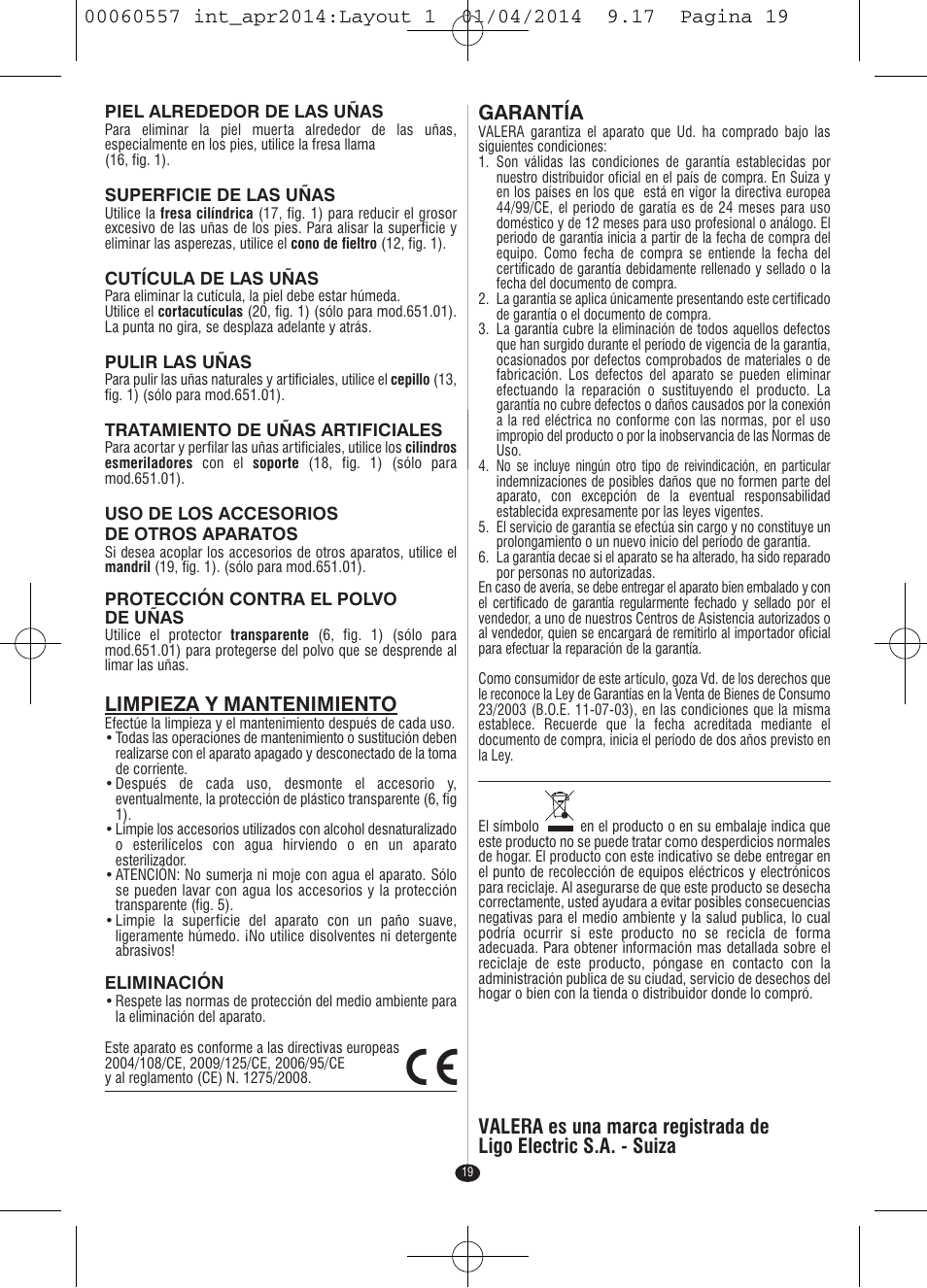 Limpieza y mantenimiento, Garantía | VALERA ManiSwiss Professional User Manual | Page 17 / 82