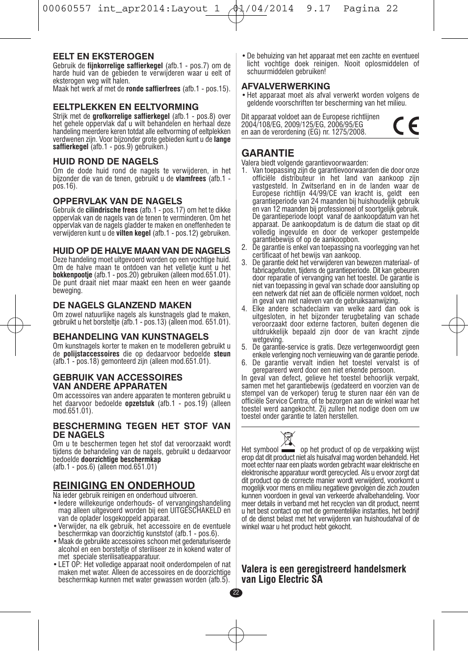 Reiniging en onderhoud, Garantie | VALERA ManiSwiss Professional User Manual | Page 20 / 82