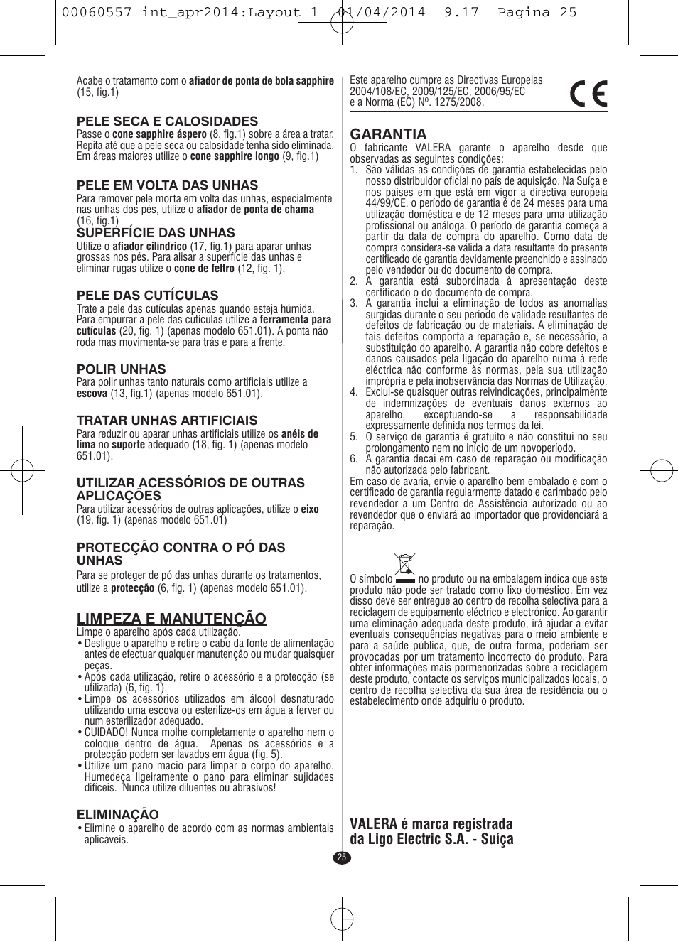 Limpeza e manutenção, Garantia | VALERA ManiSwiss Professional User Manual | Page 23 / 82