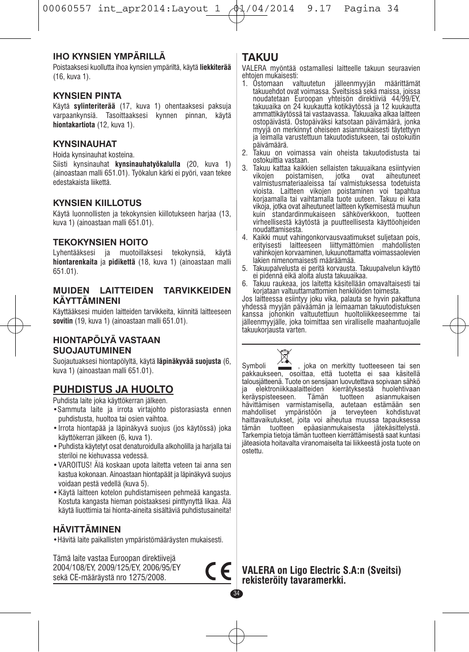 Takuu, Puhdistus ja huolto | VALERA ManiSwiss Professional User Manual | Page 32 / 82