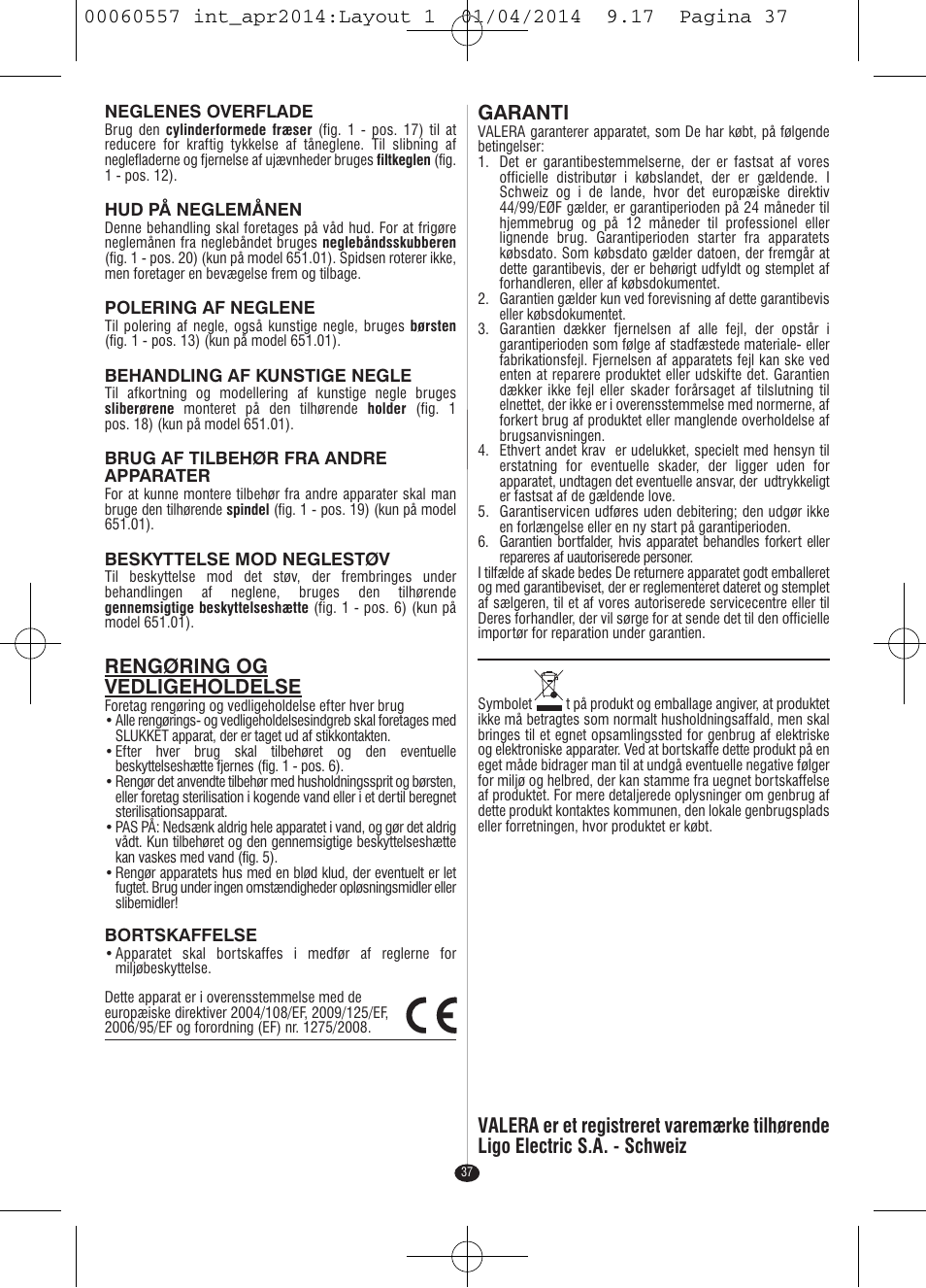 Rengøring og vedligeholdelse, Garanti | VALERA ManiSwiss Professional User Manual | Page 35 / 82