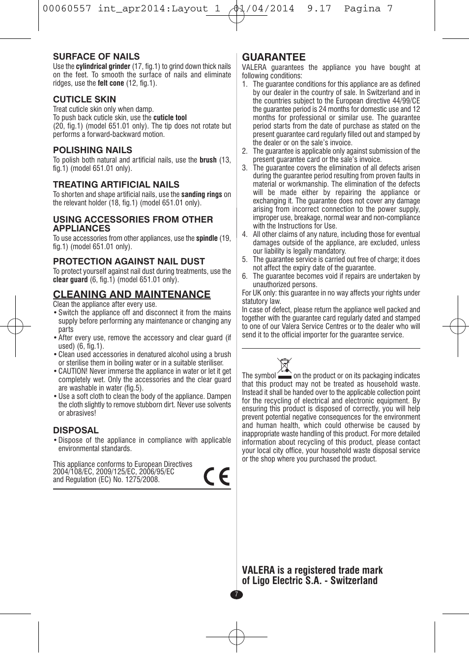 Cleaning and maintenance, Guarantee | VALERA ManiSwiss Professional User Manual | Page 5 / 82