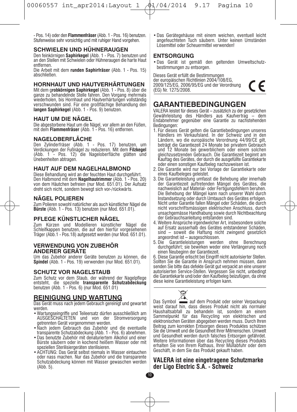 Garantiebedingungen, Reinigung und wartung | VALERA ManiSwiss Professional User Manual | Page 8 / 82
