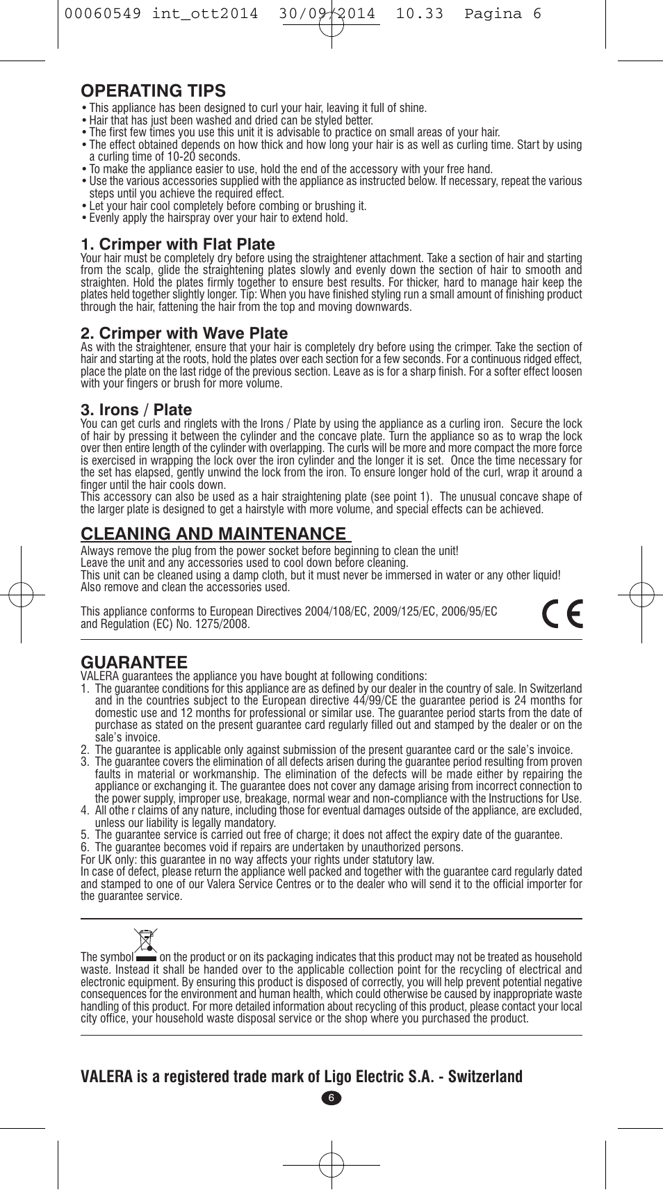 Operating tips, Cleaning and maintenance, Guarantee | Crimper with fiat plate, Crimper with wave plate, Irons / plate | VALERA X-STYLE User Manual | Page 4 / 78