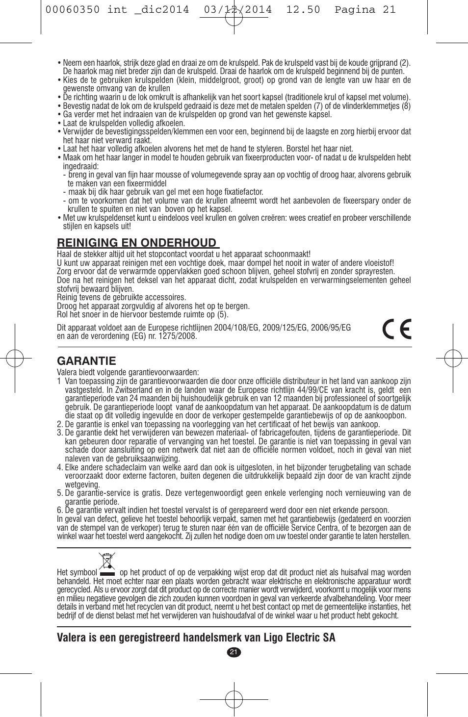 Reiniging en onderhoud, Garantie | VALERA QUICK 24 User Manual | Page 19 / 74