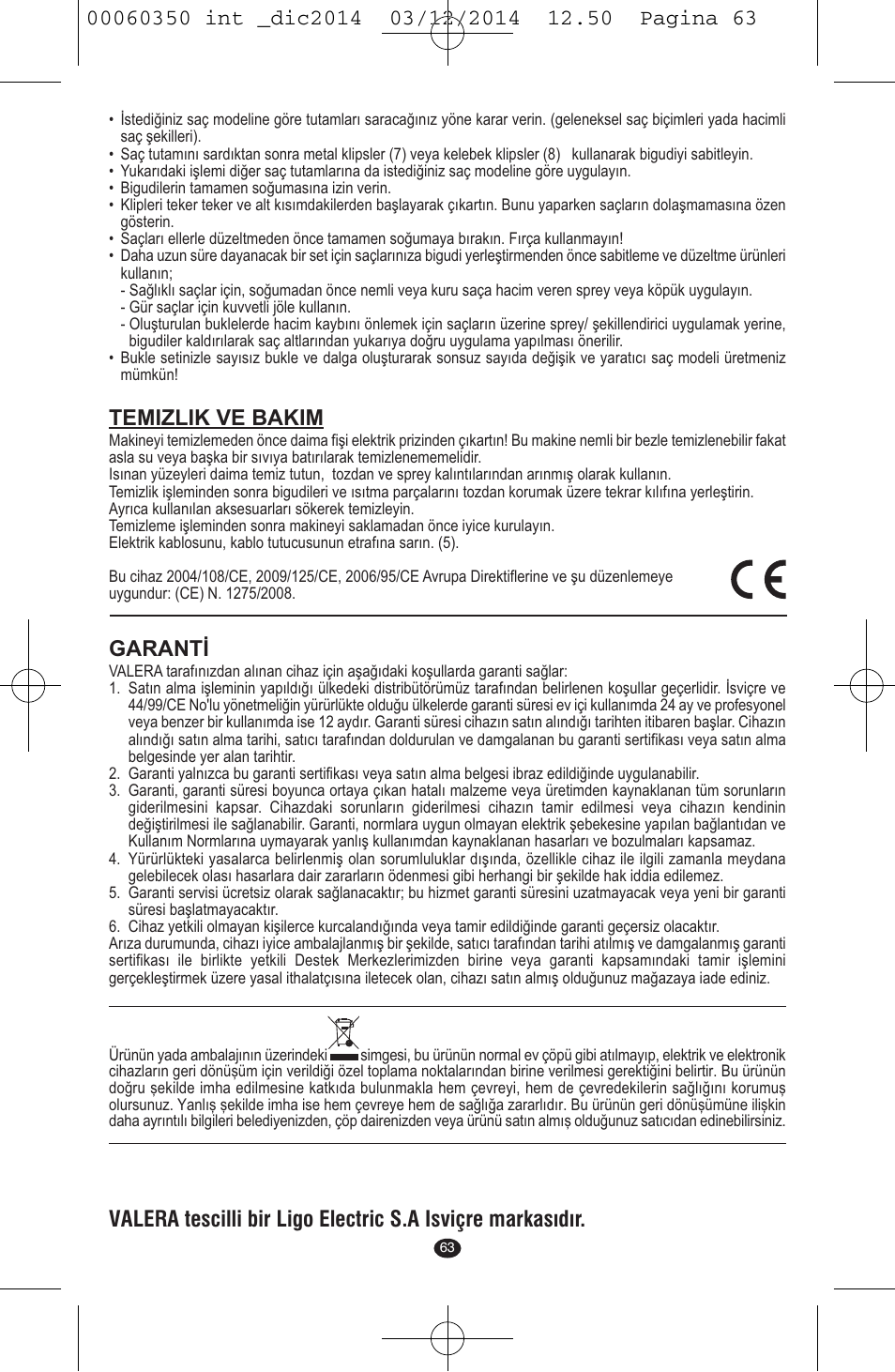 Temizlik ve bakim, Garanti | VALERA QUICK 24 User Manual | Page 61 / 74