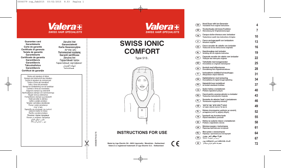 VALERA Swiss Ionic Comfort 600 W User Manual | 70 pages