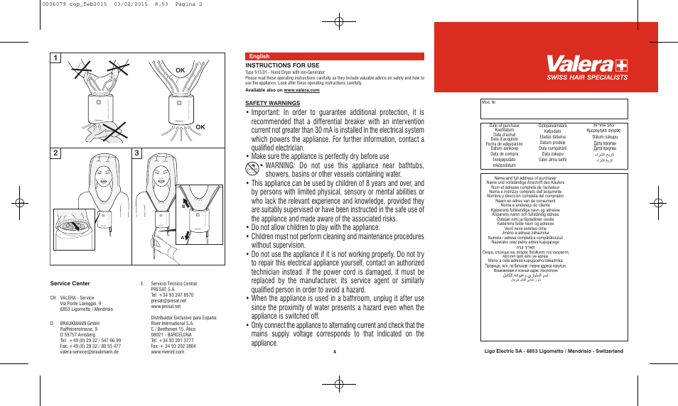 Instructions for use, Safety warnings, English | Service center | VALERA Swiss Ionic Comfort 600 W User Manual | Page 2 / 70