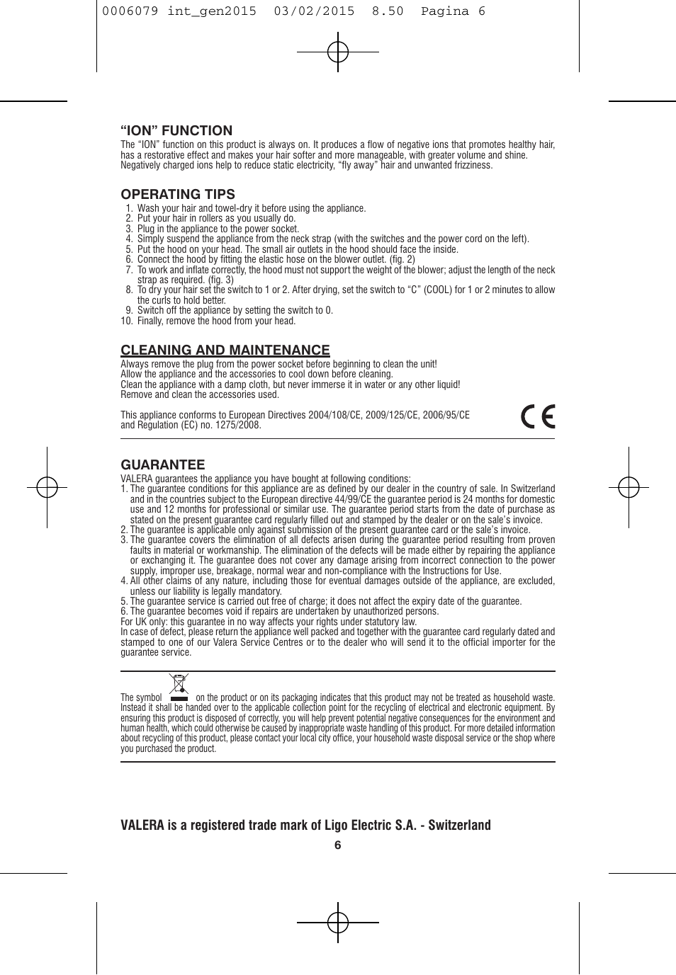 Ion” function, Operating tips, Cleaning and maintenance | Guarantee | VALERA Swiss Ionic Comfort 600 W User Manual | Page 4 / 70