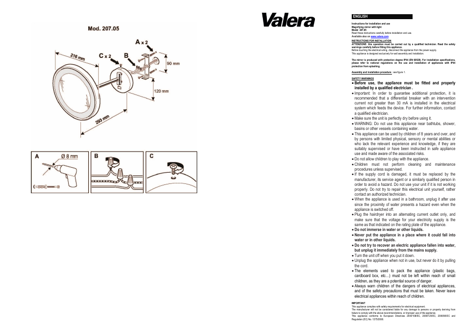 VALERA OPTIMA Light ONE User Manual | 2 pages