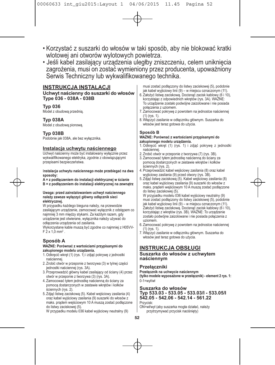 Instrukcja instalacji, Instrukcja obsługi | VALERA Premium 1600 Compact Super 1600 W User Manual | Page 48 / 74