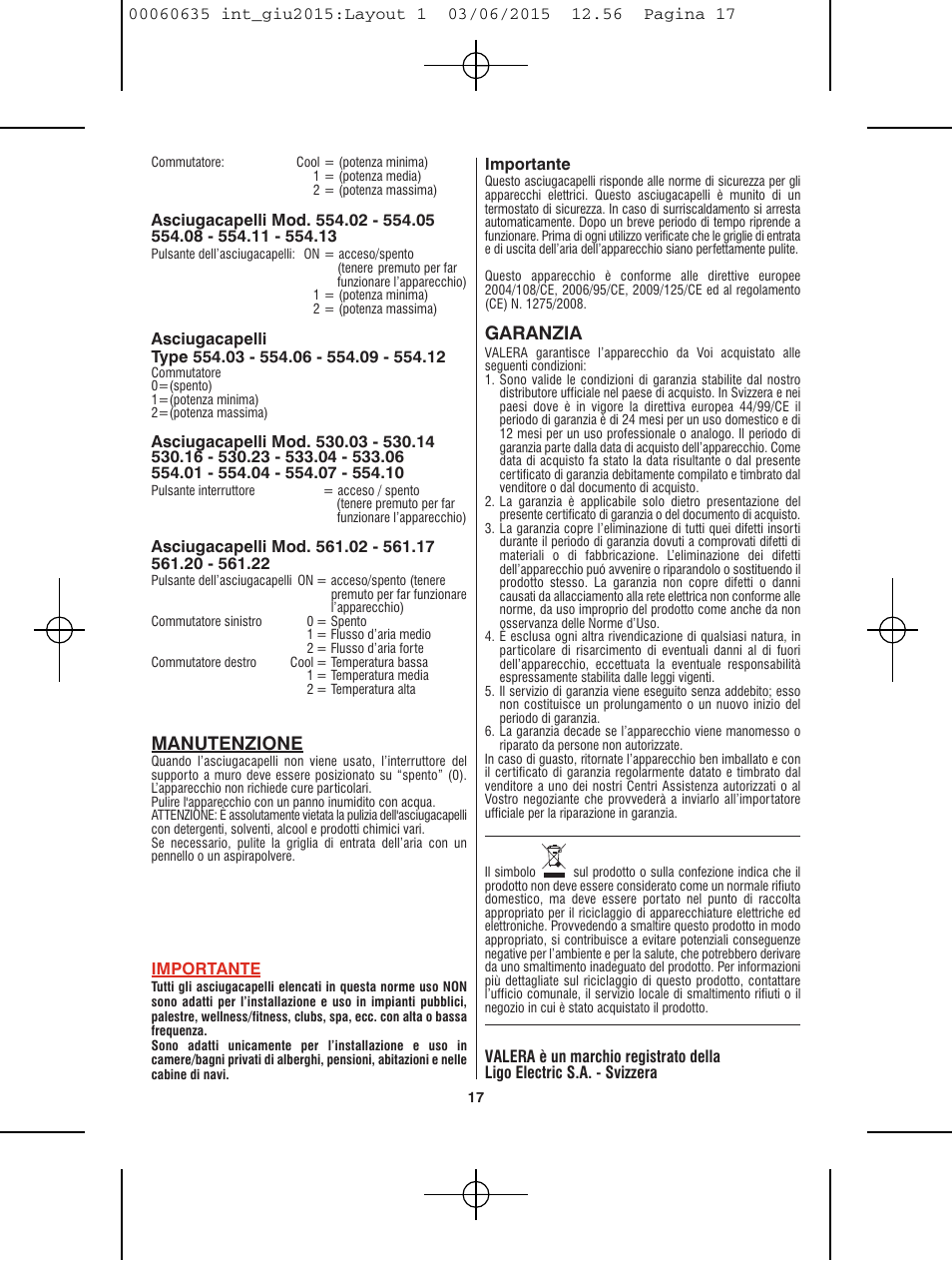 Garanzia, Manutenzione | VALERA Excel 1875 Shaver 1875 W User Manual | Page 13 / 74