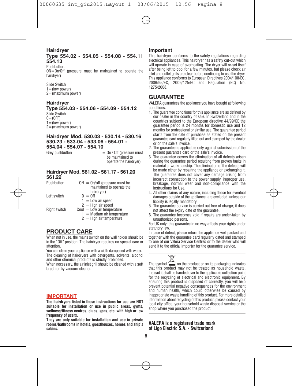 Product care, Guarantee | VALERA Excel 1875 Shaver 1875 W User Manual | Page 4 / 74