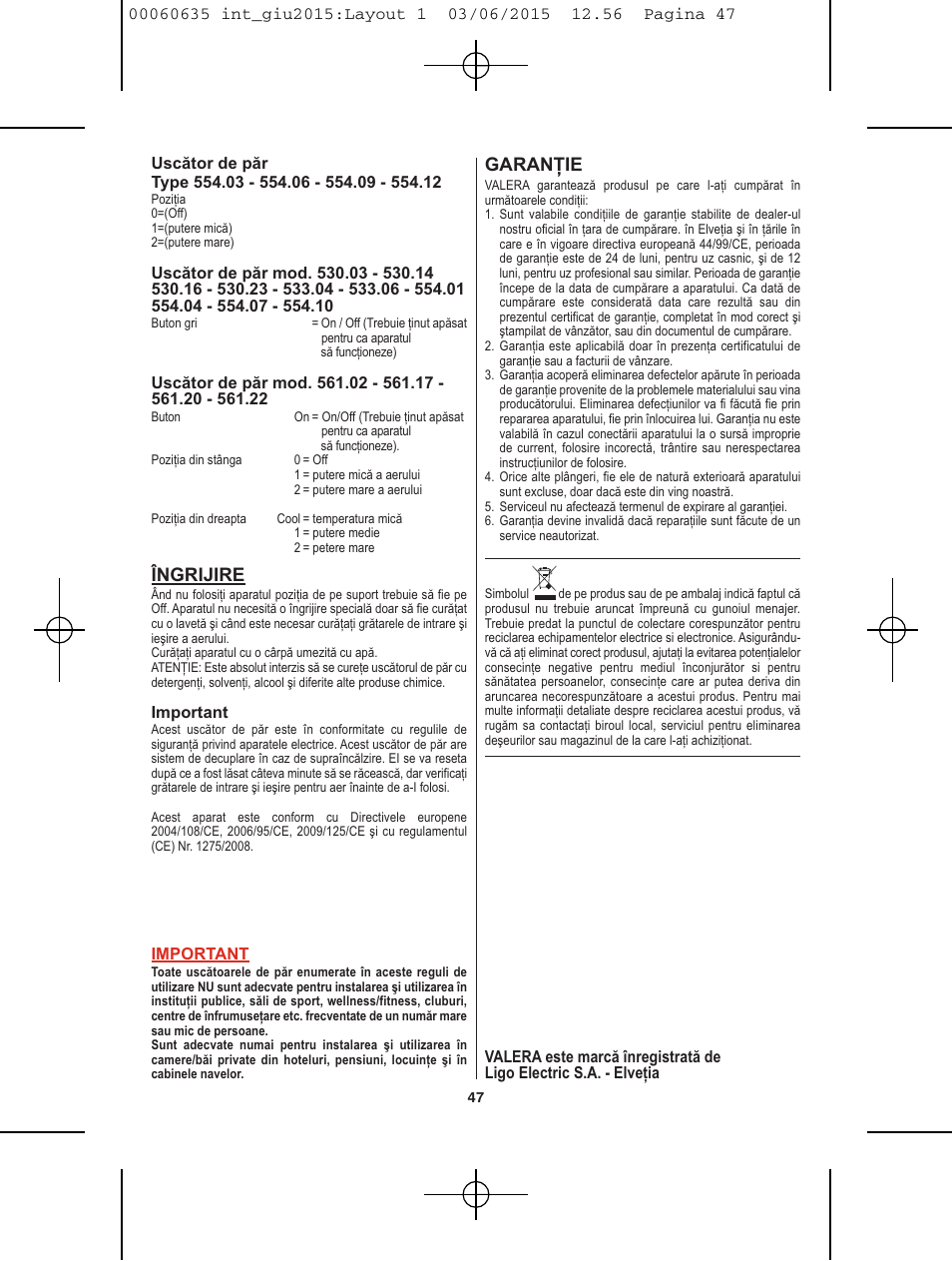 Îngrijire, Garanţie | VALERA Excel 1875 Shaver 1875 W User Manual | Page 43 / 74