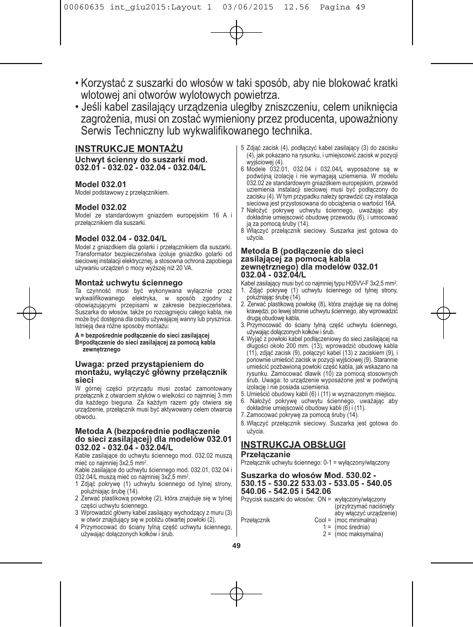 Instrukcje montażu, Instrukcja obsługi | VALERA Excel 1875 Shaver 1875 W User Manual | Page 45 / 74