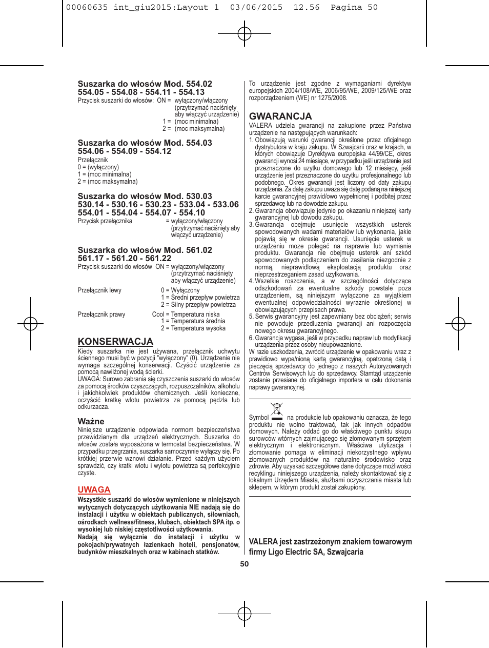 Konserwacja, Gwarancja | VALERA Excel 1875 Shaver 1875 W User Manual | Page 46 / 74