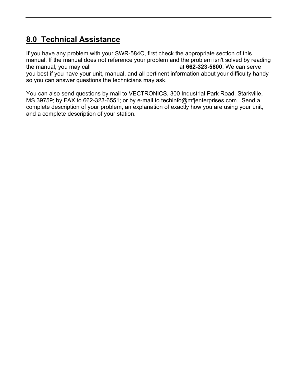 0 technical assistance | Vectronics SWR-584C User Manual | Page 27 / 28