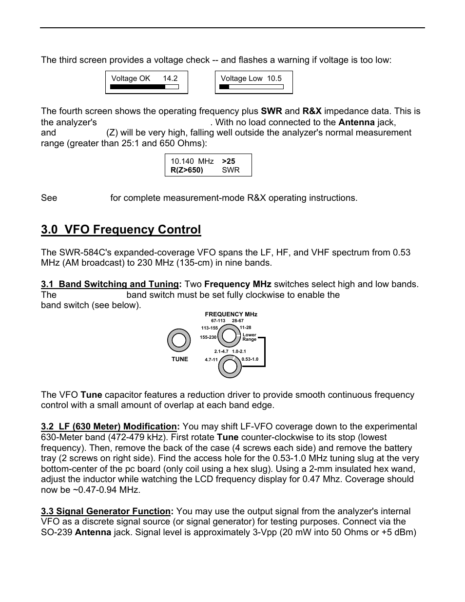 0 vfo frequency control | Vectronics SWR-584C User Manual | Page 7 / 28