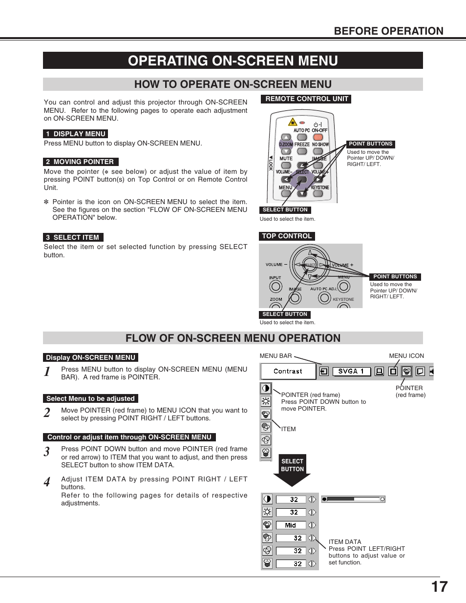 Operating on-screen menu, Before operation | Christie Digital Systems 38-VIV207-01 User Manual | Page 17 / 48