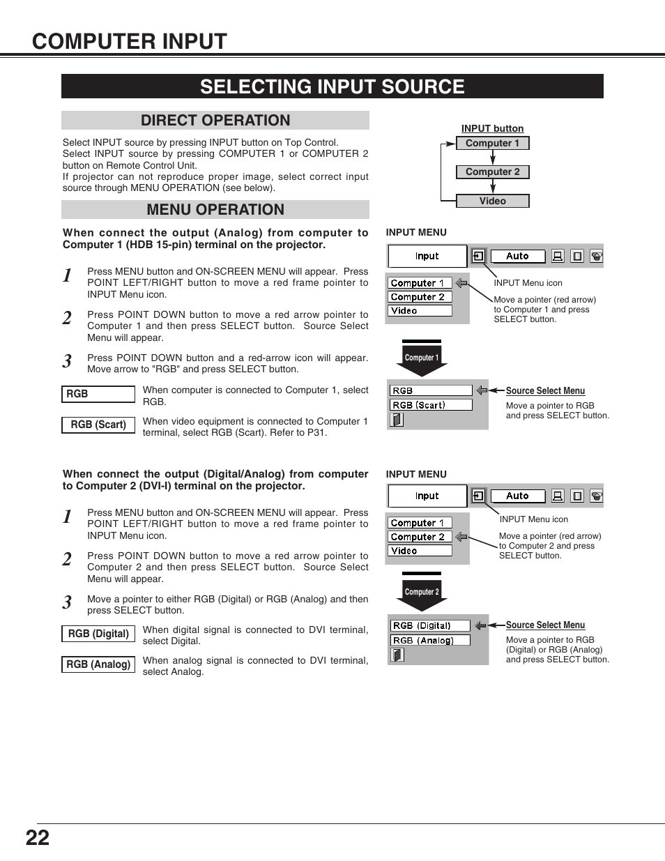 22 computer input, Selecting input source, Menu operation direct operation | Christie Digital Systems 38-VIV207-01 User Manual | Page 22 / 48