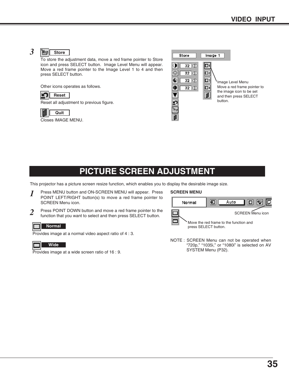 Picture screen adjustment, Video input | Christie Digital Systems 38-VIV207-01 User Manual | Page 35 / 48