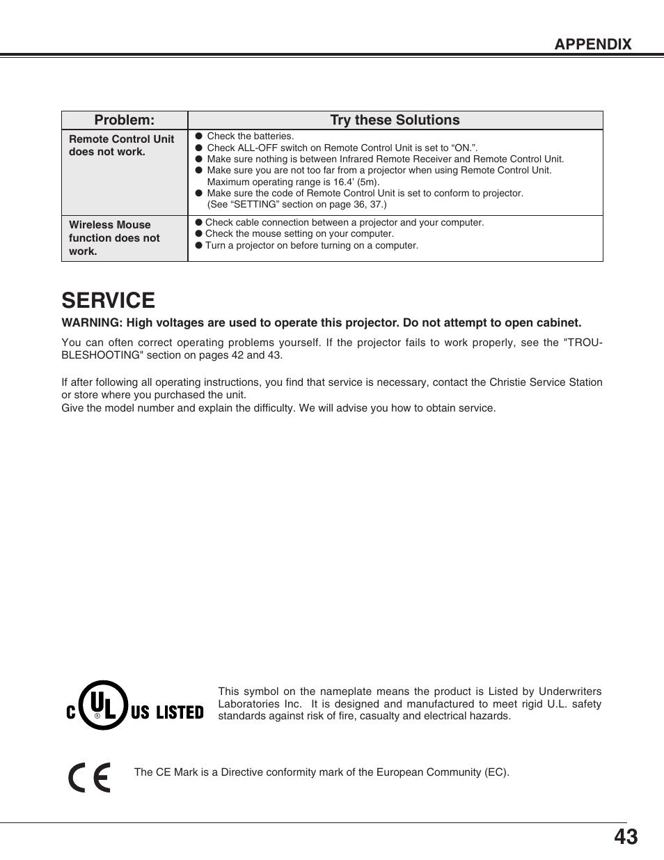 Service, Appendix | Christie Digital Systems 38-VIV207-01 User Manual | Page 43 / 48