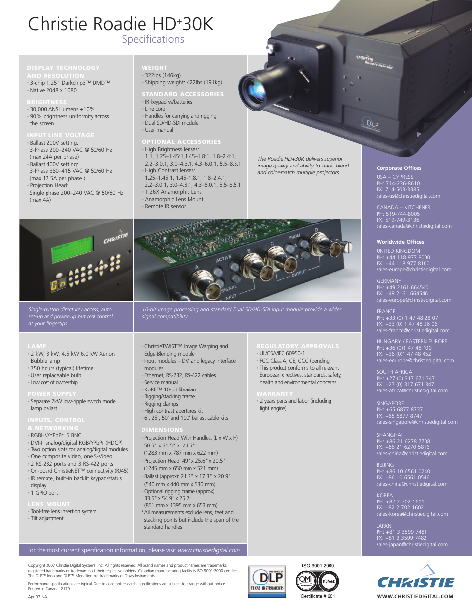 Christie roadie hd, Specifications | Christie Digital Systems Roadie HD+30K User Manual | Page 2 / 2