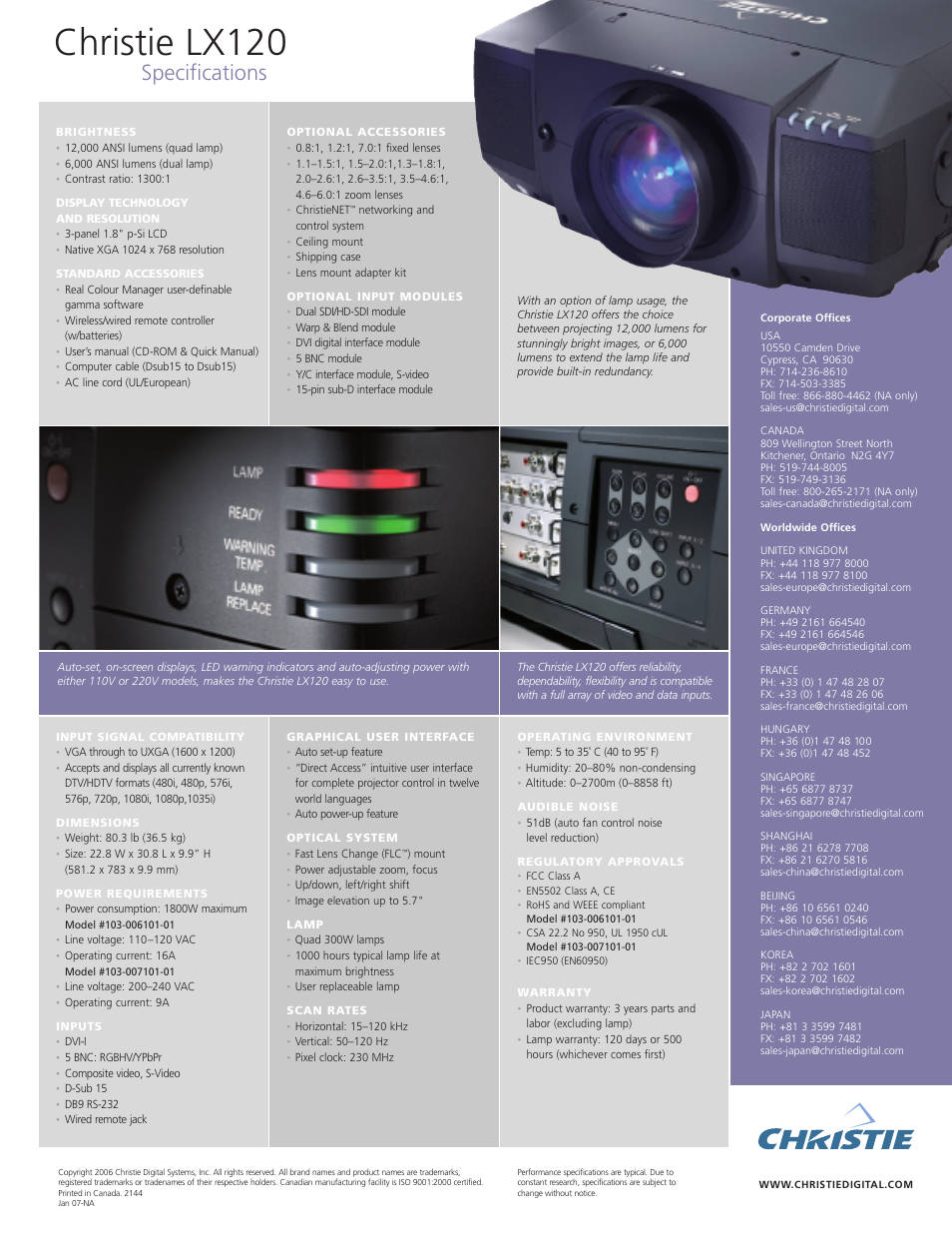 Christie lx120, Specifications | Christie Digital Systems Christie LX120 User Manual | Page 2 / 2