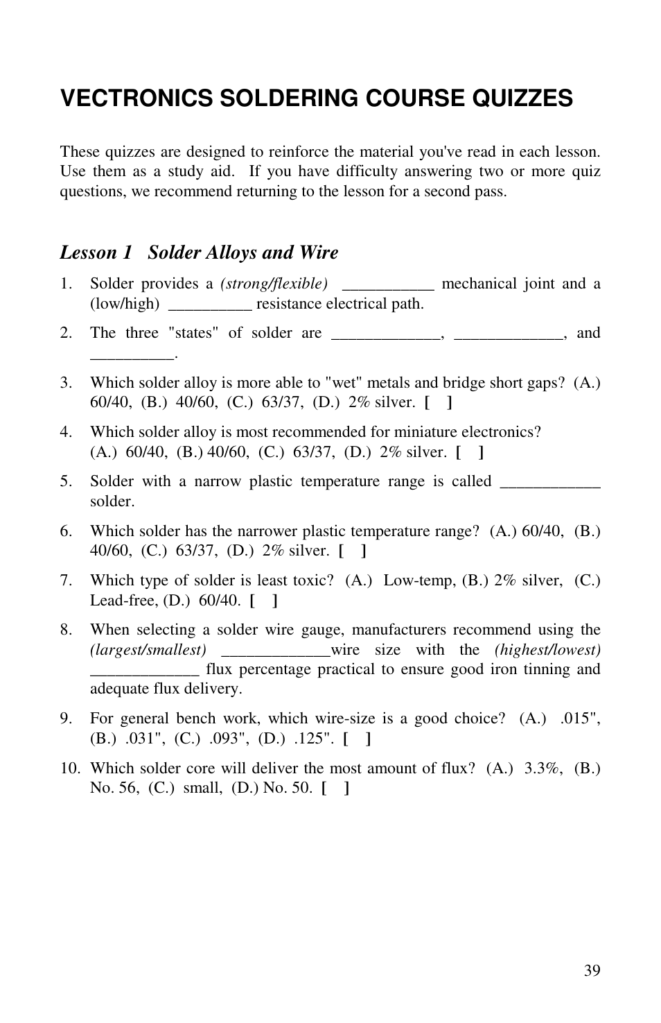 Vectronics soldering course quizzes, Lesson 1 solder alloys and wire | Vectronics VEC-1500K User Manual | Page 44 / 68