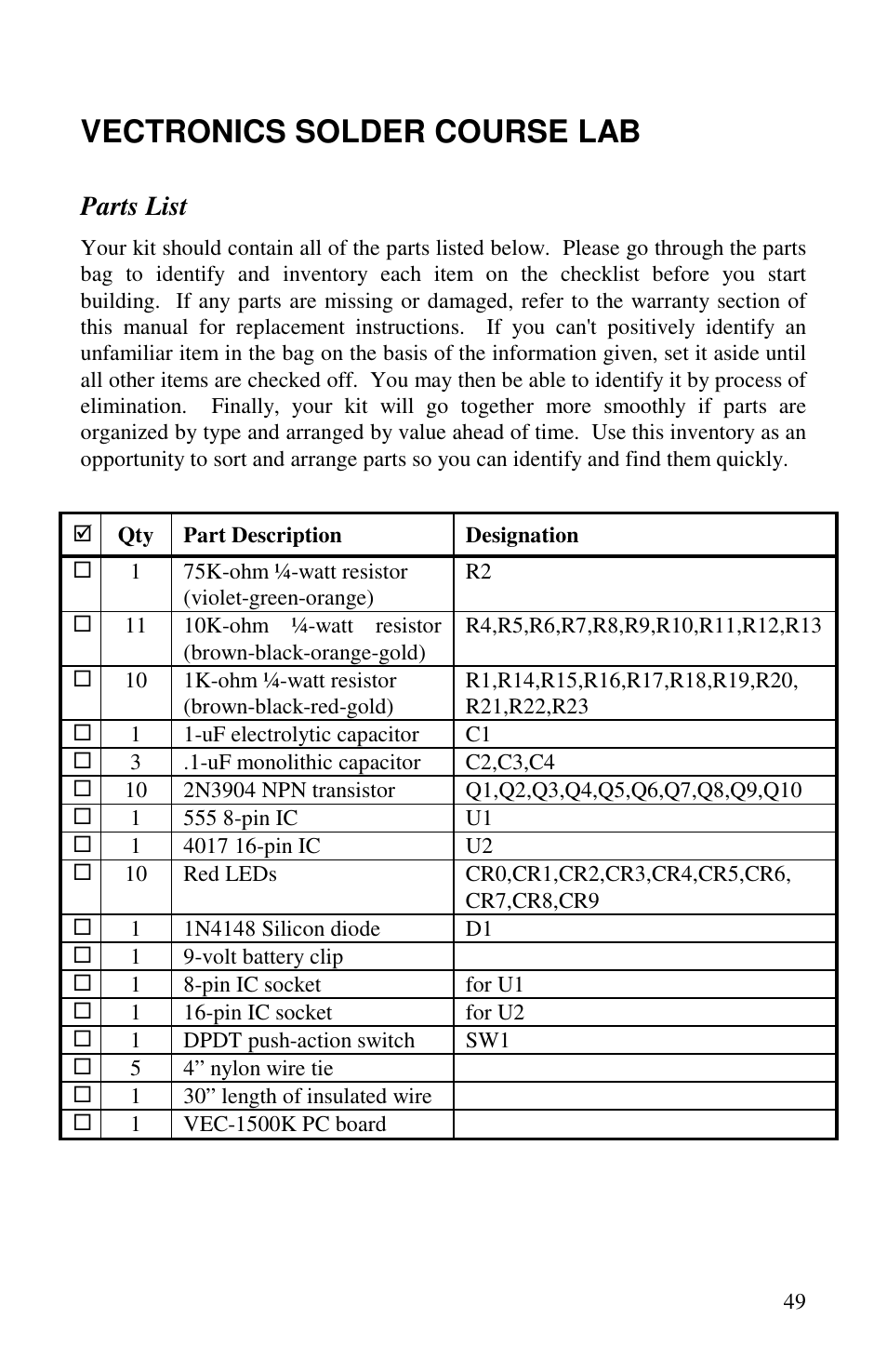Vectronics solder course lab, Parts list | Vectronics VEC-1500K User Manual | Page 54 / 68
