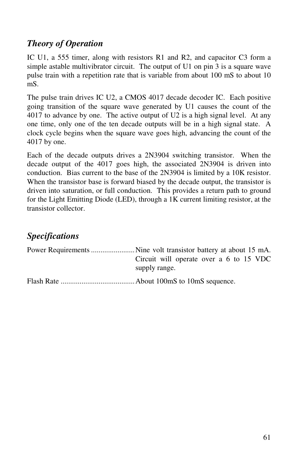 Theory of operation, Specifications | Vectronics VEC-1500K User Manual | Page 66 / 68
