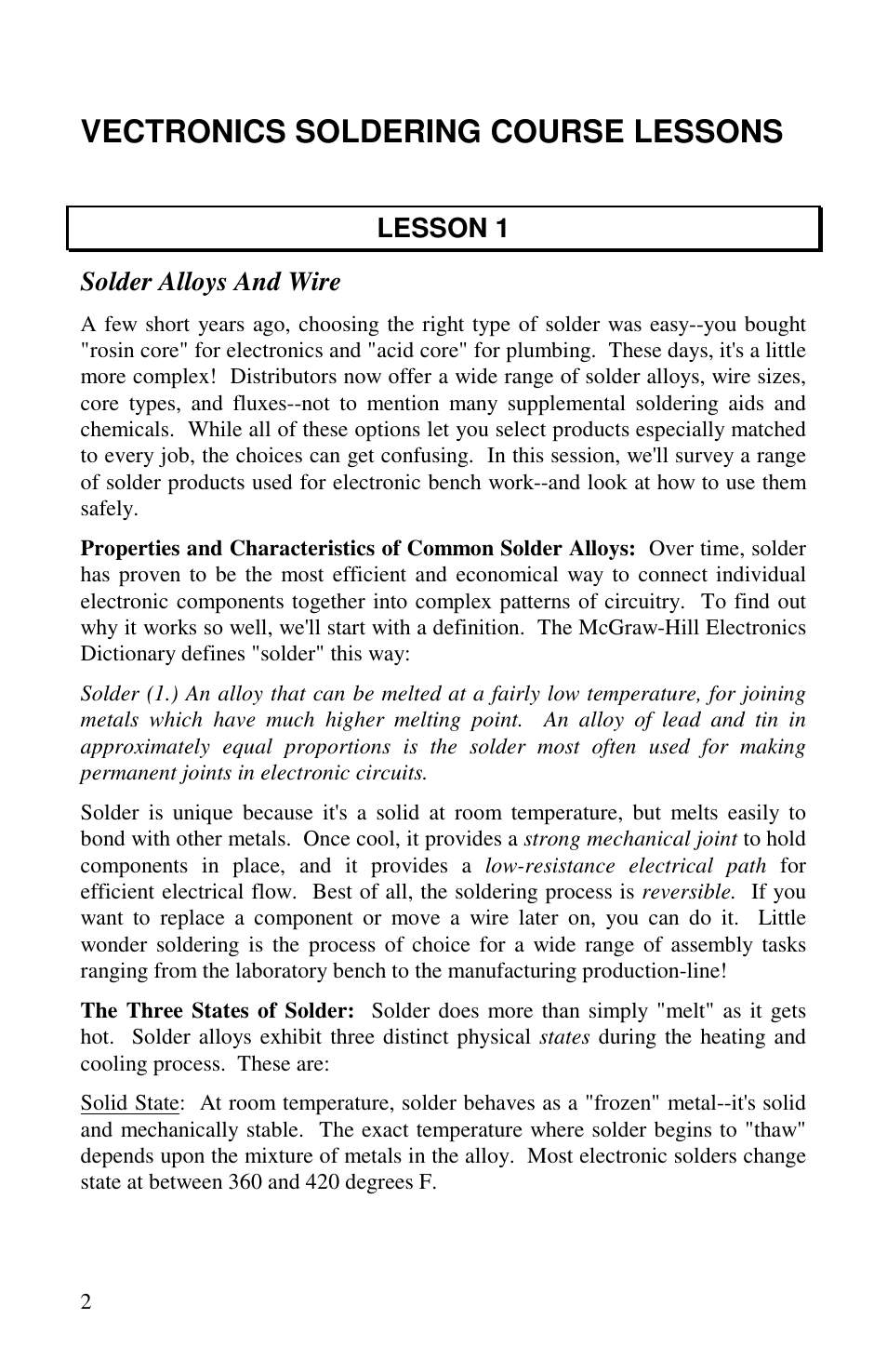 Vectronics soldering course lessons, Lesson 1 solder alloys and wire | Vectronics VEC-1500K User Manual | Page 7 / 68