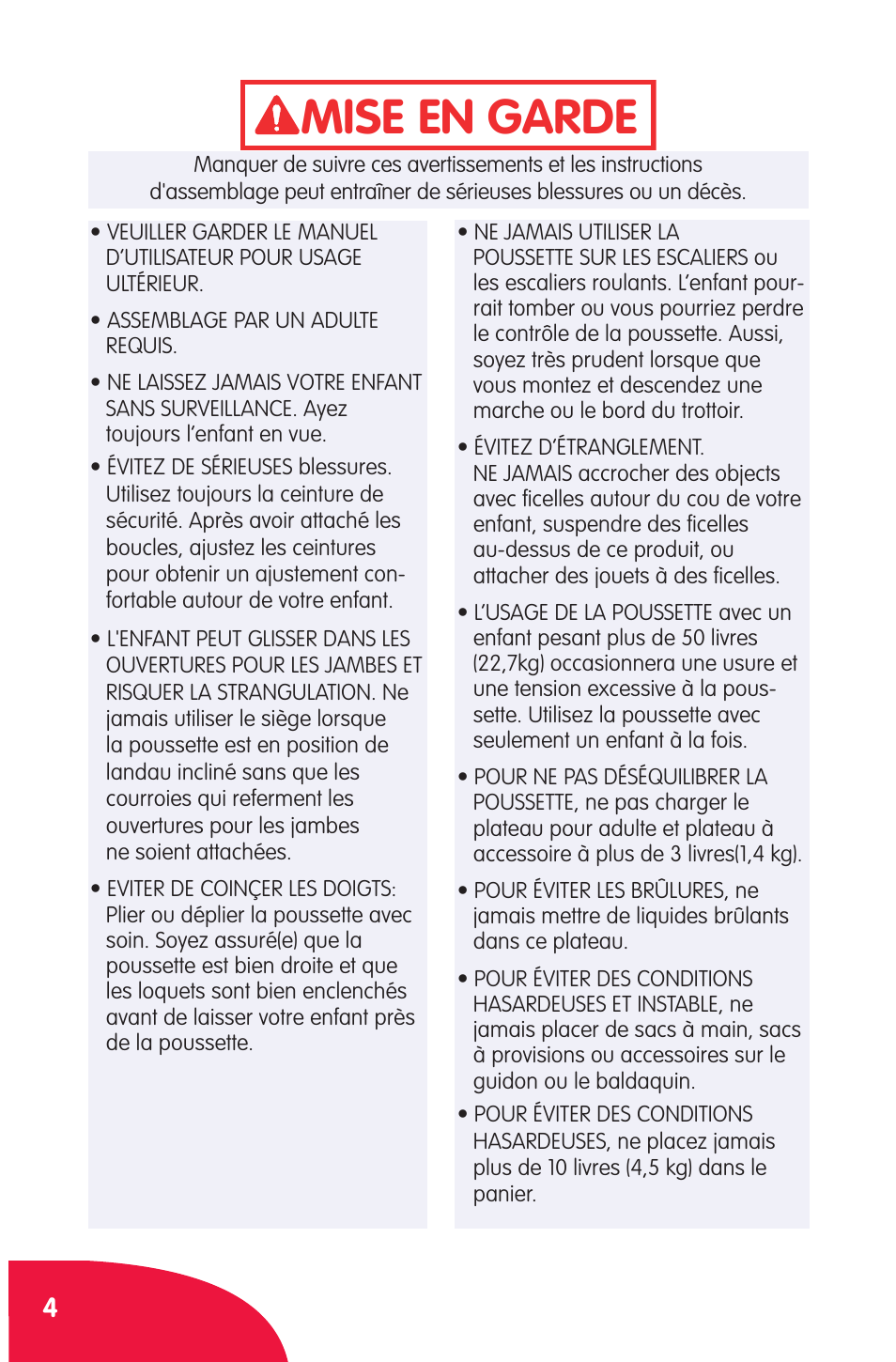 Mise en garde | Chicco Cortina User Manual | Page 4 / 36
