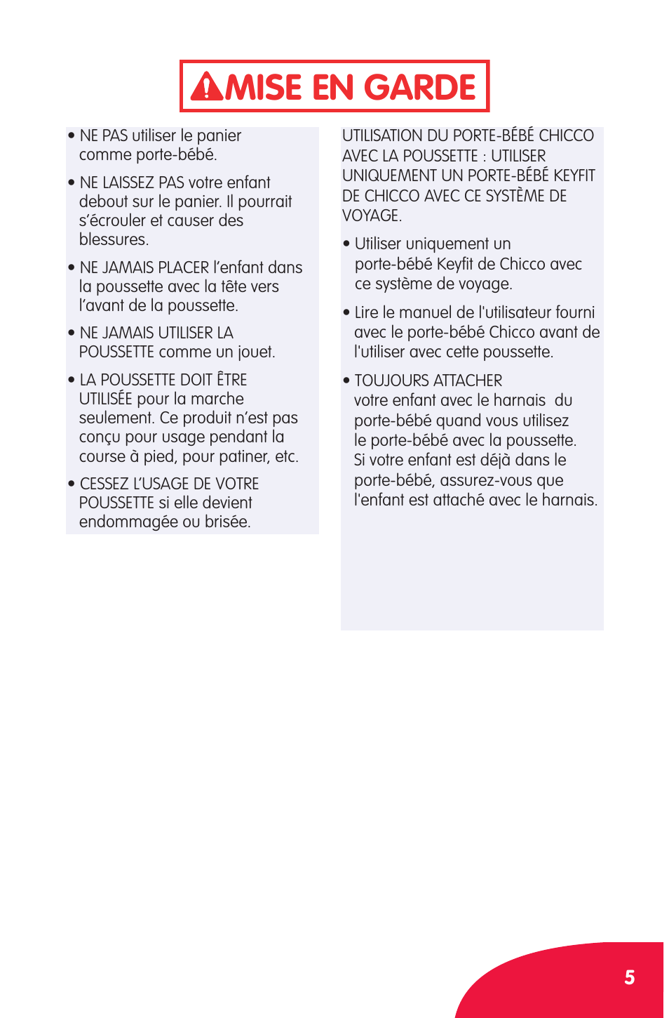 Mise en garde | Chicco Cortina User Manual | Page 5 / 36