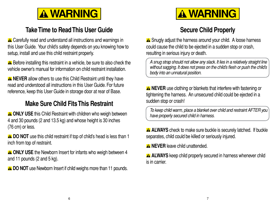 Warning, Take time to read this user guide, Make sure child fits this restraint | Secure child properly | Chicco Car Seat User Manual | Page 4 / 21