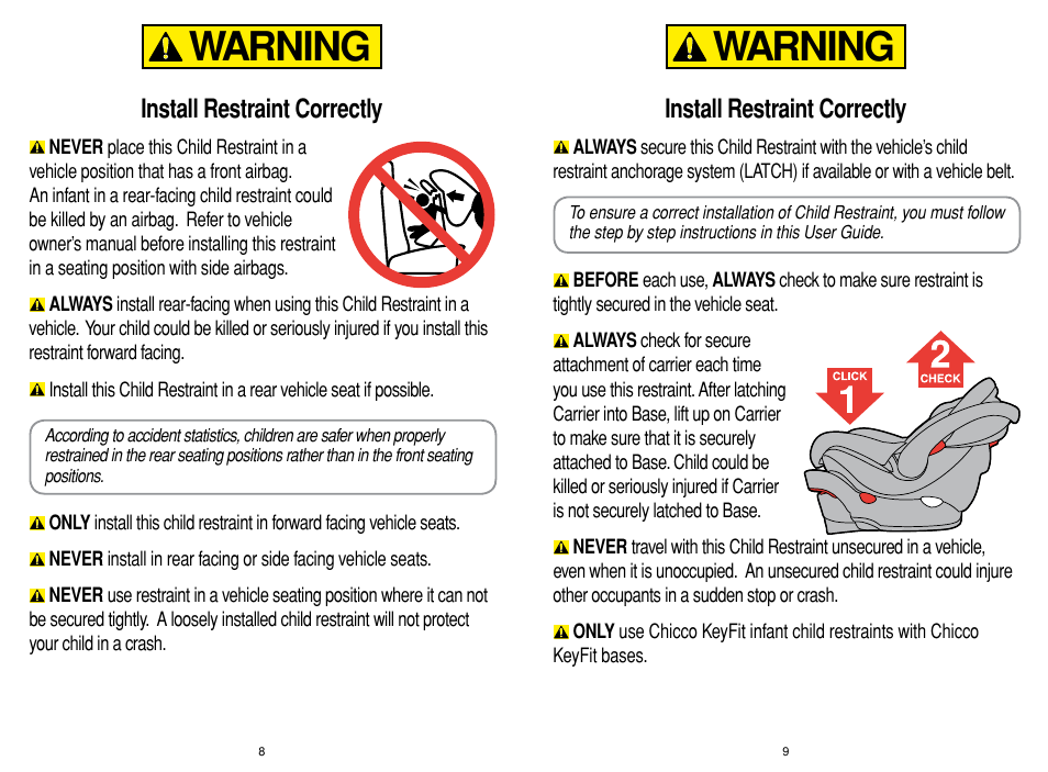 Warning, Install restraint correctly | Chicco Car Seat User Manual | Page 5 / 21