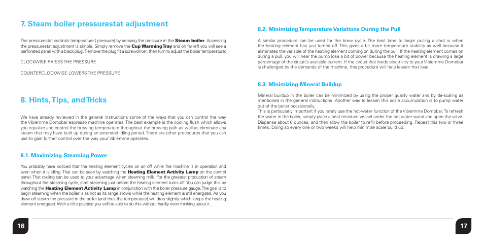 Steam boiler pressurestat adjustment, Hints, tips, and tricks | Vibiemme Domobar Junior User Manual | Page 9 / 17