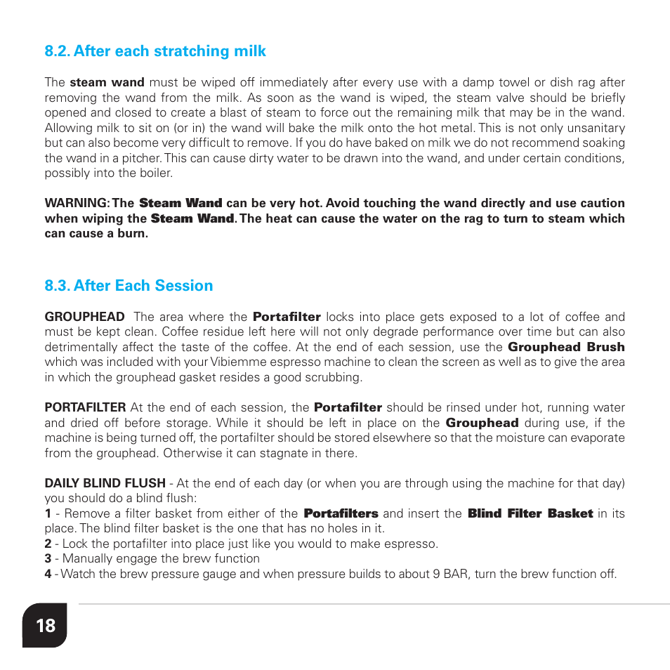 After each stratching milk, After each session | Vibiemme Lollo User Manual | Page 18 / 28