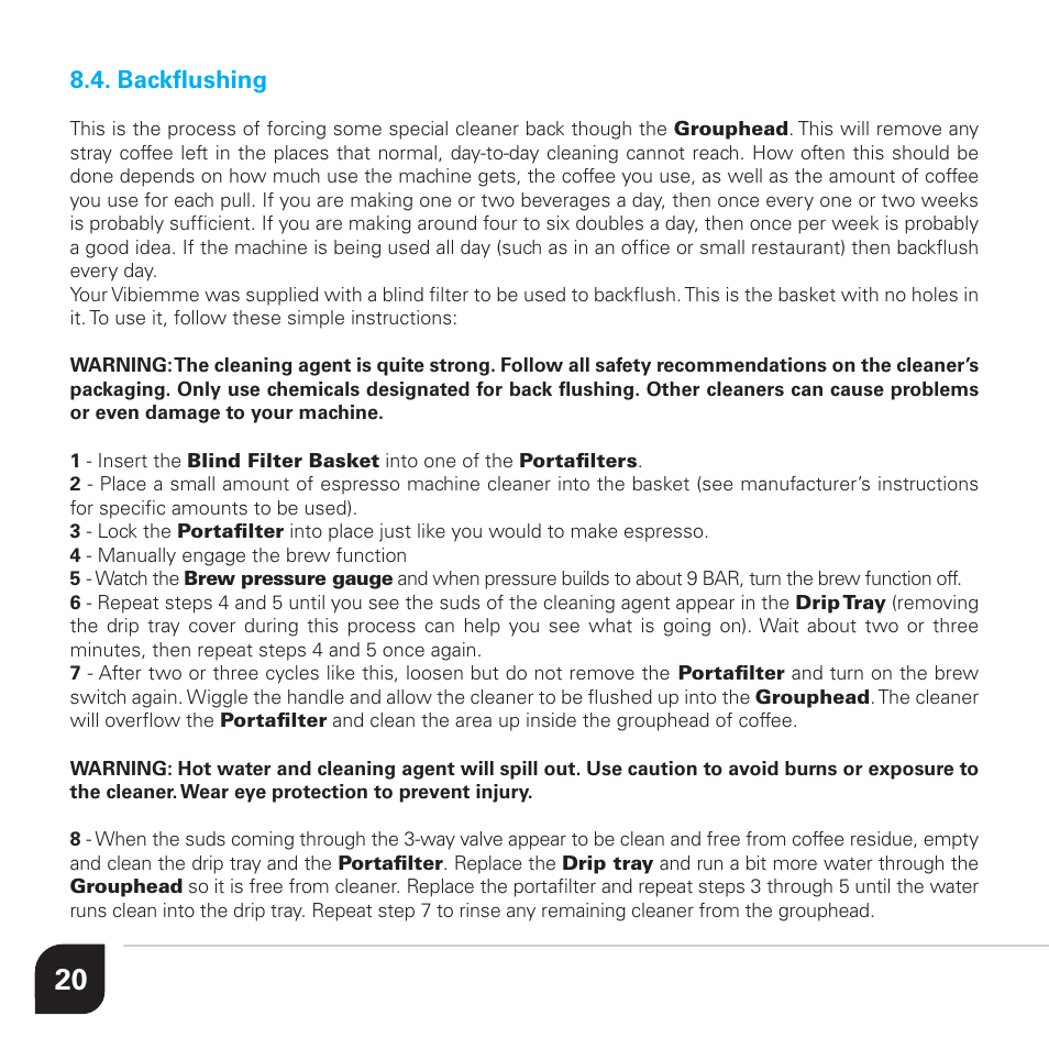 Backflushing | Vibiemme Lollo User Manual | Page 20 / 28