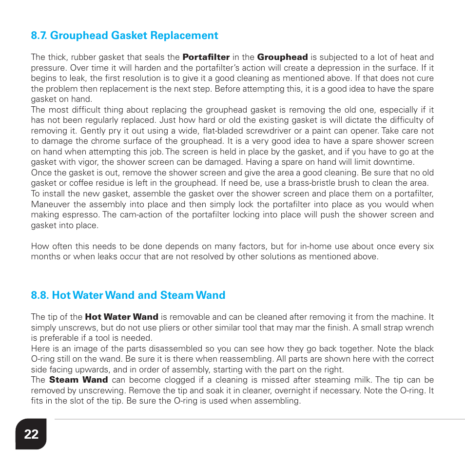 Grouphead gasket replacement, Hot water wand and steam wand | Vibiemme Lollo User Manual | Page 22 / 28