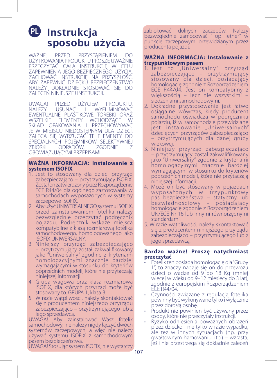 Instrukcja sposobu użycia | Chicco KeyFit 30 User Manual | Page 107 / 136