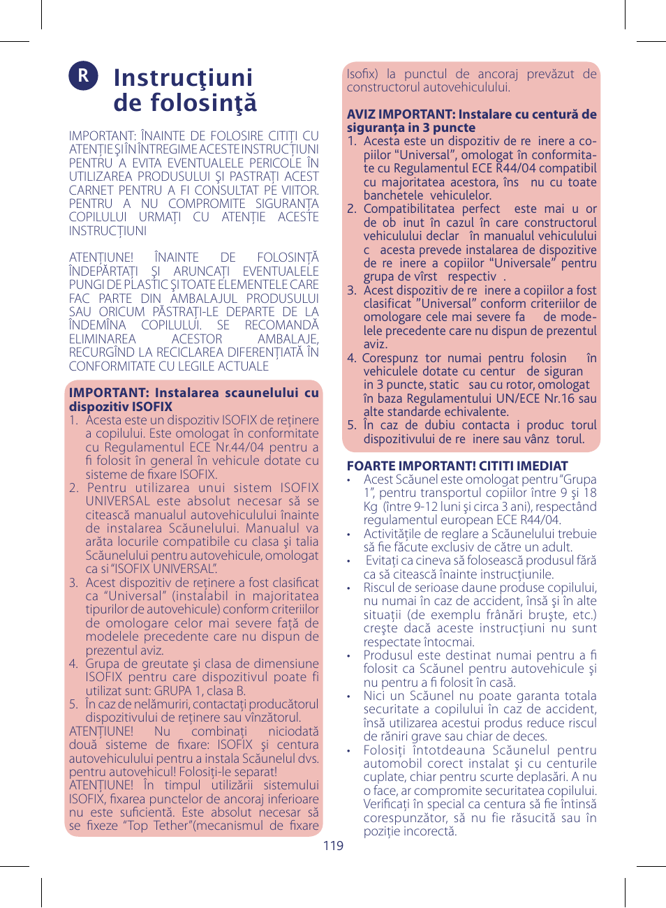 Instrucţiuni de folosinţă | Chicco KeyFit 30 User Manual | Page 119 / 136