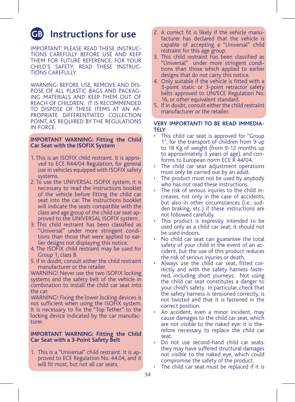 Instructions for use | Chicco KeyFit 30 User Manual | Page 34 / 136