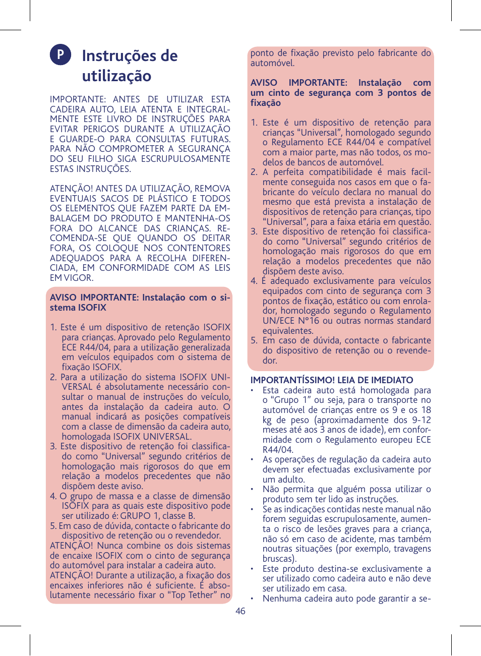 Instruções de utilização | Chicco KeyFit 30 User Manual | Page 46 / 136