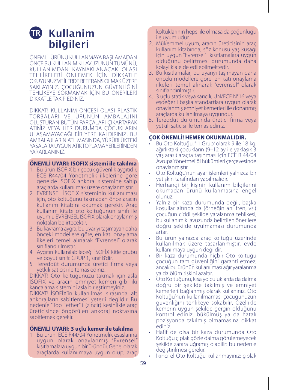 Kullanim bilgileri | Chicco KeyFit 30 User Manual | Page 59 / 136