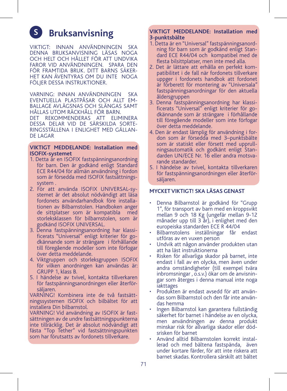 Bruksanvisning | Chicco KeyFit 30 User Manual | Page 71 / 136