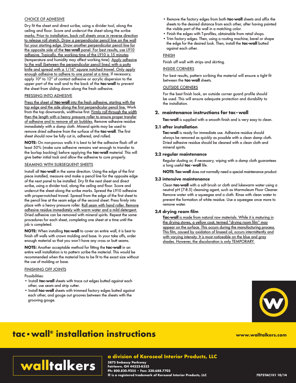 Wall, Installation instructions | Walltalkers wt-ii-tack-wall.pdf User Manual | Page 2 / 2