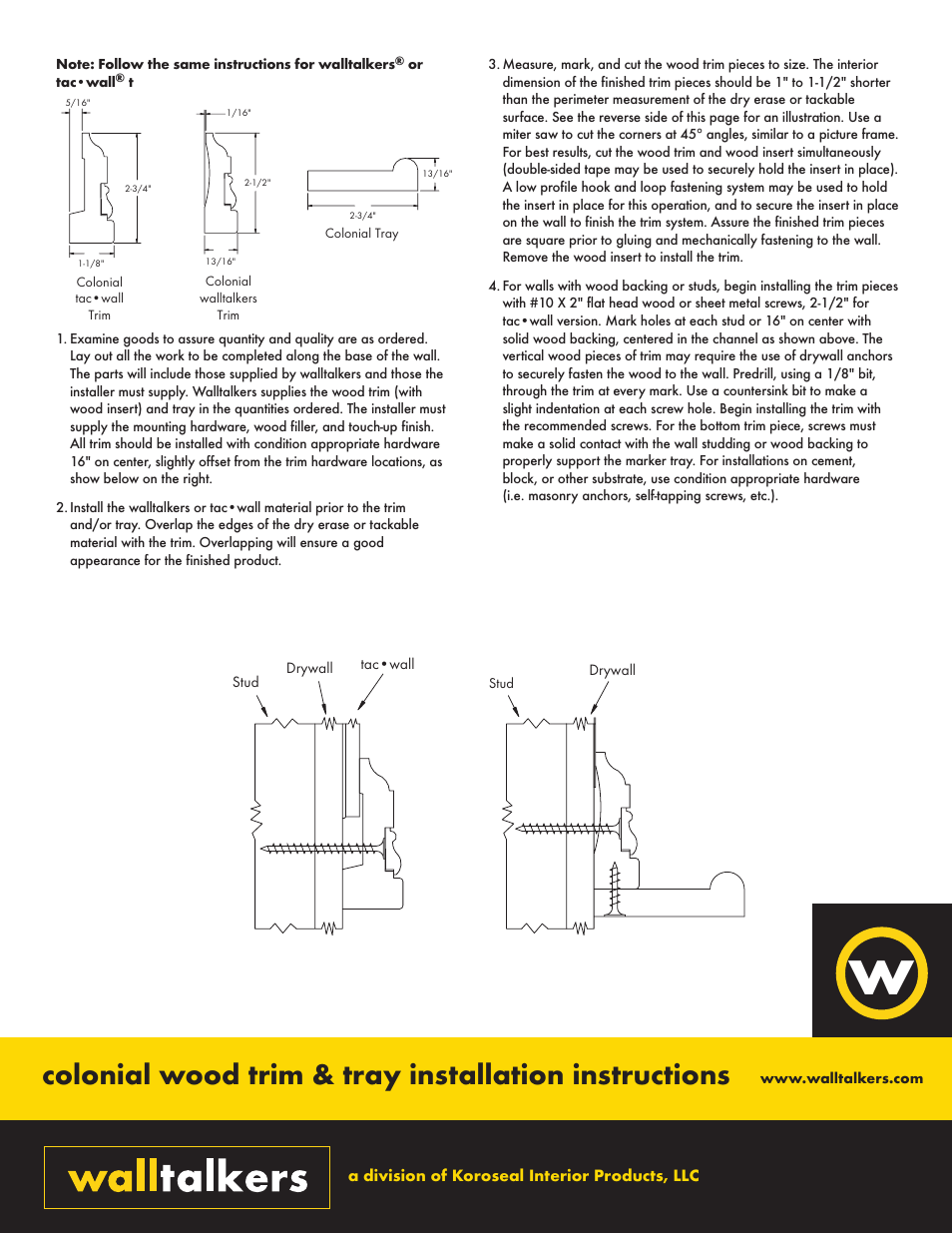 Walltalkers colonial trim & tray User Manual | 2 pages