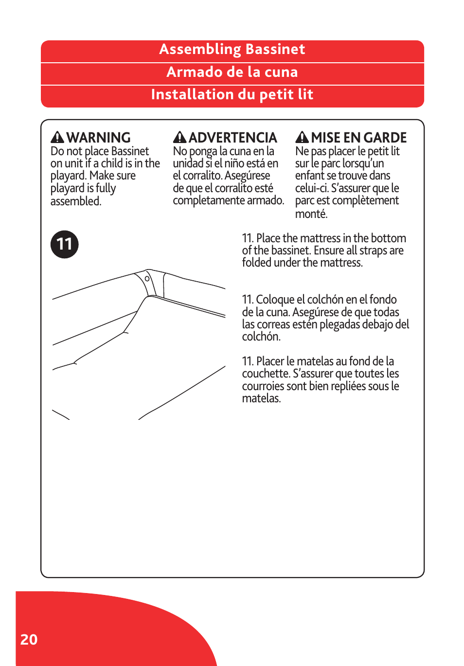 Warning, Advertencia, Mise en garde | Chicco Lullaby LX/SE User Manual | Page 20 / 56